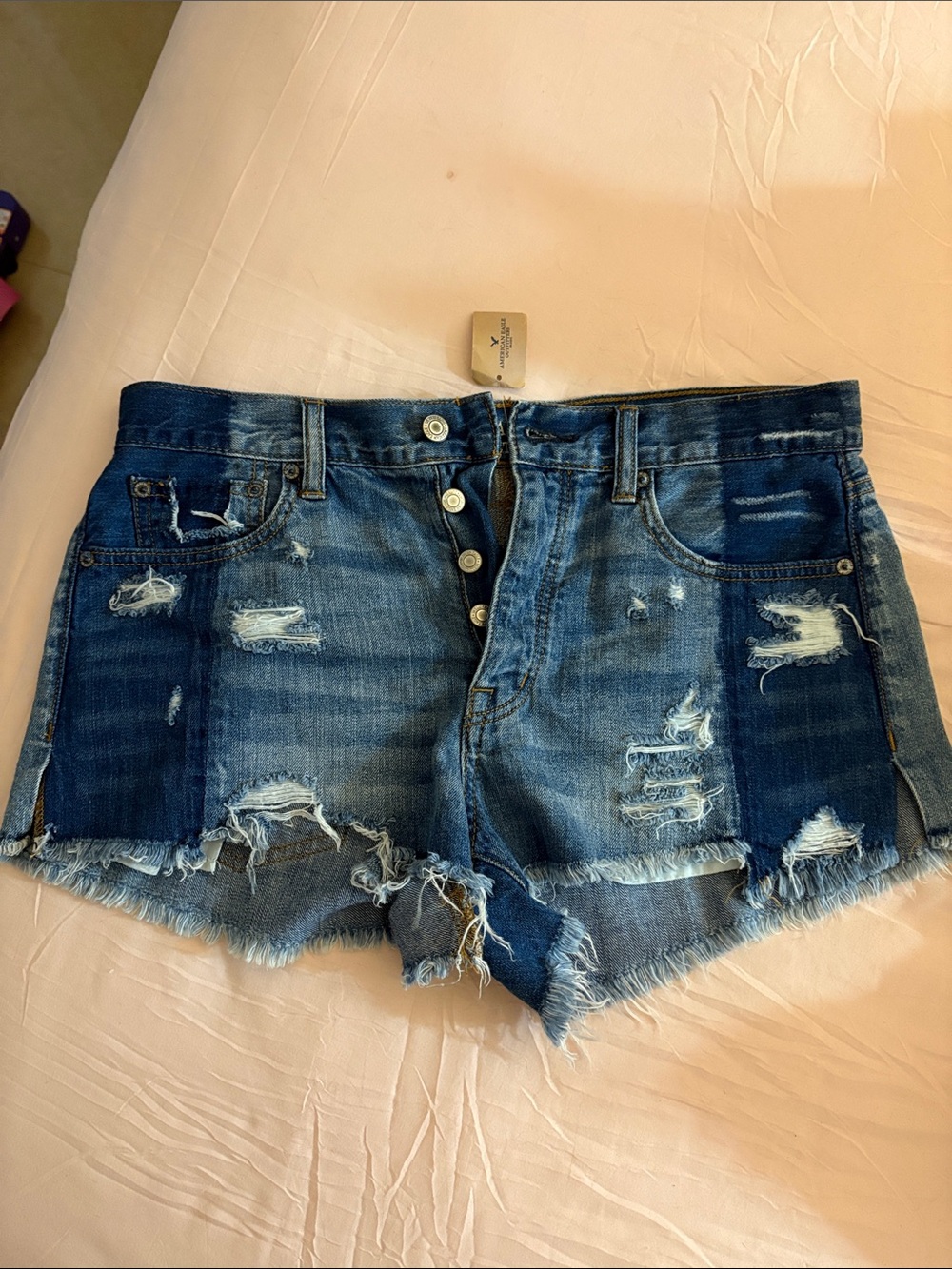American Eagle Distressed High-Waist Denim Shorts - Blue